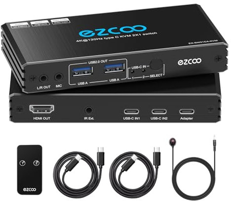 4K @ 120Hz USB-C KVM Switch HDMI2.1 2 ordenadores portátiles con 2 puertos USB 2.0 L/R MIC OUT Share 1 monitores teclado ratón disco duro impresora con fuente de alimentación PD100W 2 cables tipo C,