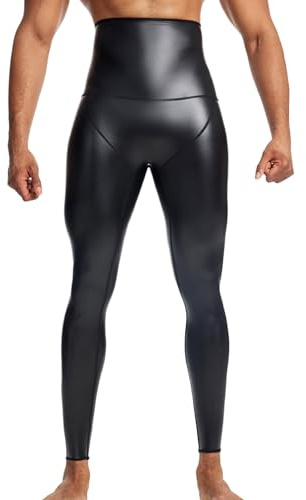 Ausing Läderleggings för män, smala kompressionsbyxor, sportbyxor, fitnesskläder leggings med hög midja för nattlåda, cosplay-kostym, svart, XL