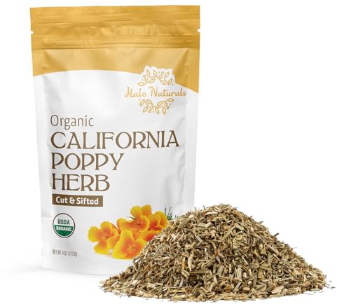 Halo Naturals Organic California Poppy Herb Cut & Sifted, 4 Ounces USDA Certified | Resealable Pouch| Packaged in The USA