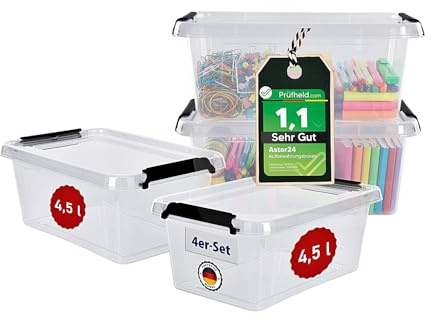 astor24 [Test SEHR GUT, NOTE 1.1] Aufbewahrungsboxen 4x 4.5 L, Aufbewahrungsbox mit Deckel, Aufbewahrung und Organisation, Organizer für Küche Büro Haushalt Schrank Schubladen [MADE IN EUROPE]