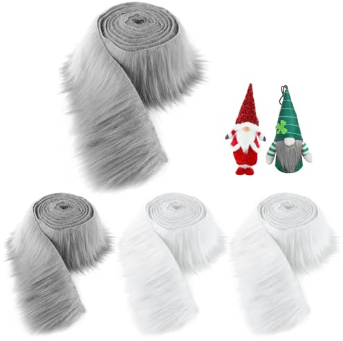4 stycken fuskpäls för pyssel, 180 x 5 cm fuskpäls-band i grått och vitt, päls för pyssel, furry fuskpäls precut ränder för dvärgskägg, jultomthår, tomte, gör-det-själv pysseldekoration | Päls för pyssel, fluffig, lätt, för tomthår, dvärgplysch, tomte, gör-det-själv pysseldekoration