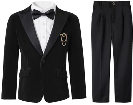 LOLANTA Sammet smokingdräkt för barn, formell bröllopsdräkt, vinter, komplett 4-delat set, baldräkter med blazer, byxor, skjorta, fluga, smokingdräkter, Absolut svart, 7-8 år