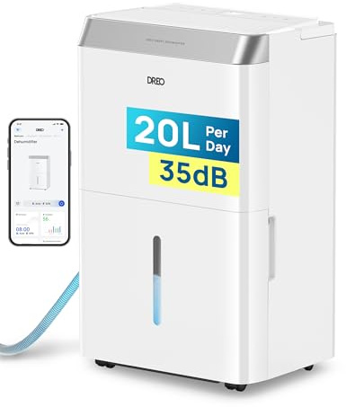DREO Deshumidificador Inteligente 20 L/24 h, para estancias de hasta 37 m² – eficiente y silencioso – App & Alexa, 3 modos, temporizador, humedad ajustable, tubo de desagüe, dormitorio & baño