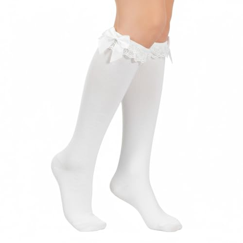 Telooco Calzini alti al ginocchio in pizzo con fiocco calzini bianchi fiocco bianco morbido principessa Loli calzino per uso quotidiano scuola appuntamenti danza stile arco