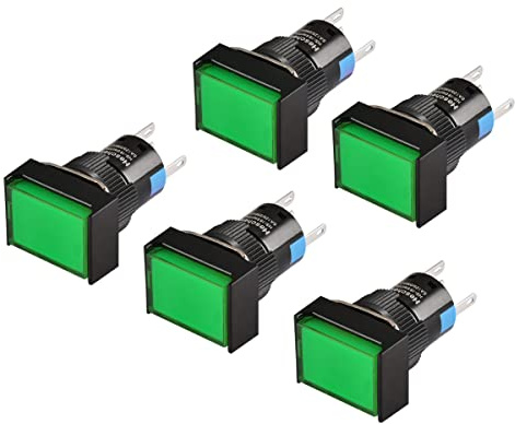 Heschen 16 mm rektangulär momentär tryckknapp knapp 1NO 1NC 5 stift 24 V LED-lampa 5-pack, gRÖN, 5