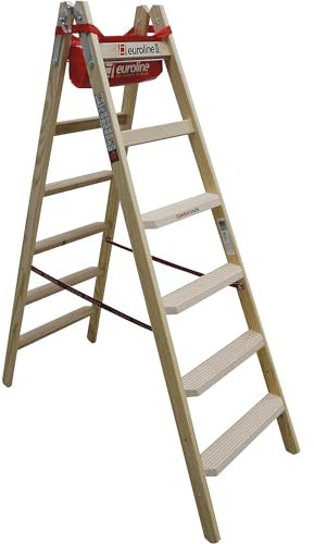 Euroline Holz Comfort-Stufenstehleiter Nr. 10577-2x6 mit Eimerhaken und Werkzeugablagetasche