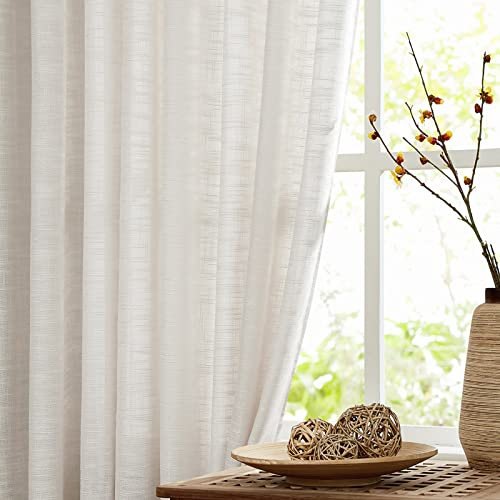 Fmfunctex Beige Sheer Curtains for Bedroom 54 Drop Linen Textured Eyelet Curtains for Living Room Semi Sheer Light Filtering Window Curtain Drapes for Dining Room 2 Panels