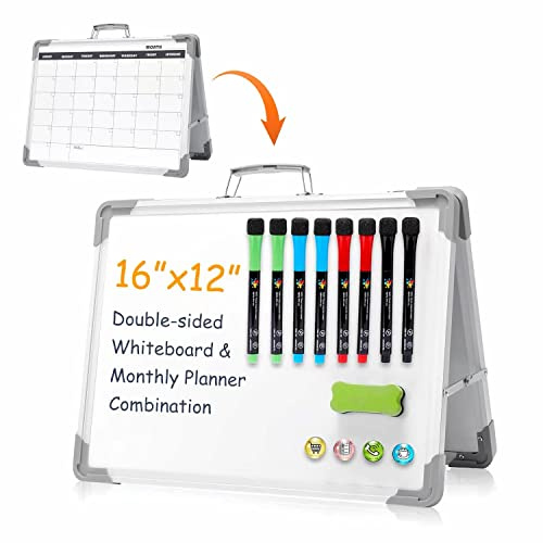 Magnetic Dry Erase Board with Calendar - Small Double Sided Whiteboard on Desktop with Monthly Schedule Planner, Portable Folding White Board on Table Top for Drawing, Teacher Students Classroom