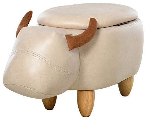 HOMCOM Hocker Kuh - Hocker Kuh - Stier Aufbewahrungsbox 2 in 1 - Beine Hevea-Holz synthetische Beschichtung Aspekt Creme