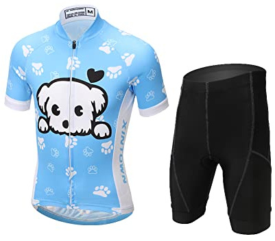 Amur Leopard Maillot de Cyclisme à Manches Courtes + Cuissard Enfant Combinaison Cycliste Imprimée de Dessin Aimé pour Garçon Fille, Petit Chien, XXL/12-13 Ans