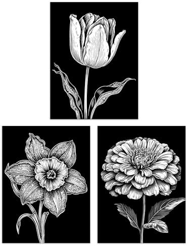 Artery8 Set of 3 Elegant Spring Flowers Tulip Daffodil Zinnia White on Black Impact Artworks Unframed Wall Art Living Room Poster Prints Pack