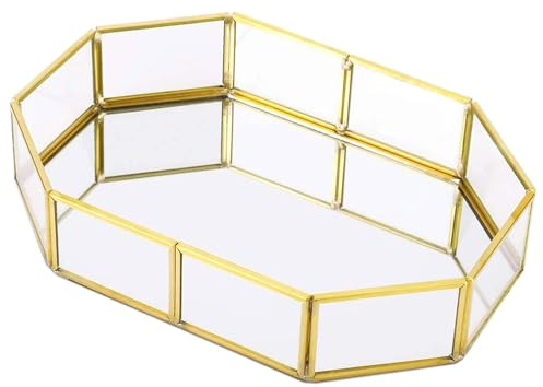 Bandeja de Cristal Dorado con Espejo 31,5x22x5cm de Yuaaoh: Bandeja Decorativa Espejo Dorado para Maquillaje, Joyas, Cosméticos, Baño