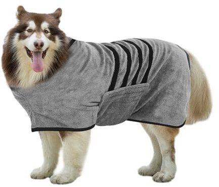 Hundebademantel Bademantel, Moseem Grau Bademantel Hund aus Mikrofaser,Hunde Handtuch mit Verstellbarem Riemen,Haustier Bademantel mit Klettverschluss, für Große Mittel und Kleine Hunde(XXL)