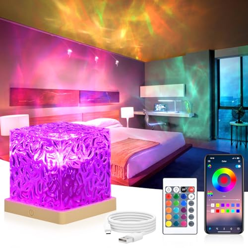 URAQT Onde Proiettore Stelle Soffitto, 16 Colori 30 Modalità, Luce 3D Rotante Dinamica Increspatura dell'acqua con APP & Telecomando, Ricaricabile Regalo di Natale Lampada Proiettore Bambini
