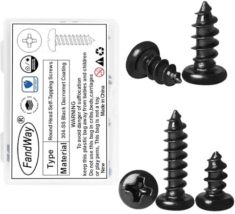 FandWay Lot de 50 vis autotaraudeuses à tête bombée cruciforme M4 x 20 mm, vis à tôle à tête ronde, en acier inoxydable 304, revêtement Dacromet noir, vis à bois cruciformes avec boîte de rangement