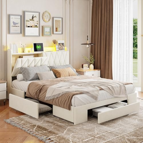 Callicarpa Cama doble 140x200 con cabecero LED y puerto USB, cama con almacenamiento y cajones, estructura de cama juvenil, estilo europeo y americano simple, sin colchón
