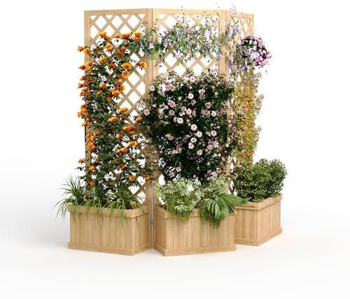 GarveeLife Cedar Privacy Screen with Planter Box - 3-Panel Freestanding Garden Fence, 62 in x10 in x65 in Tall Outdoor Divider with Drain Holes & Raised Bed for Patio, Deck & Backyard (Natural Wood)