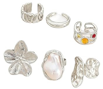 XFSRG Set de 6 Anillos Gruesos para Mujer Anillos Abiertos Vintage Apilables con Diseño de Flores y Perlas Joyería de Verano Antioxidante (Plata)