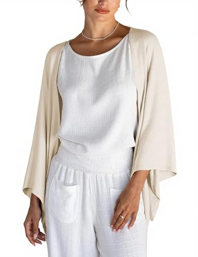 Betrodi Womens Cotton Linen Cardigan 3/4 Sleeve Lightweight Summer Ponchos Shrug Loose Top Open Front Baggy Cape Shawls(Fashion Beige,Small)