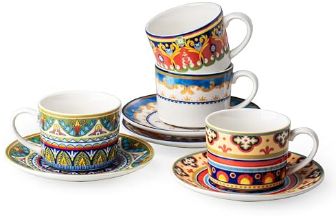 UNICASA Ceramic Coffee Cup with Saucers, 6 oz Colorful Mugs with Dishes, Porcelain Cups Set of 4 for Latte, Cappuccino, Tea, Boho Style, Microwave & Dishwasher Safe