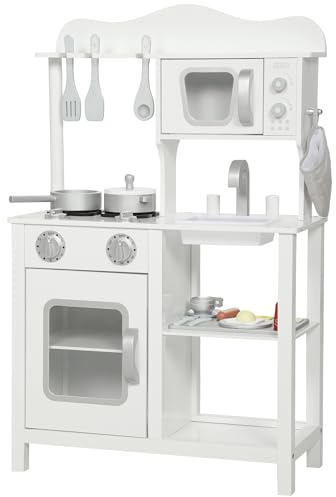 AIYAPLAY Cocina de Juguete de Madera con Sonido, Cocinita Infantil con Accesorios, Fregadero, Microondas y Fogón, Juguetes para Niños a Partir de 3 Años, 55x24x86 cm, Blanco
