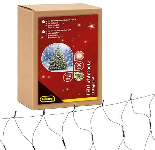 Idena 31899 - Red de luces LED con 160 LED en blanco cálido, aprox. 2 x 1 m, para exterior e interior, con función de temporizador de 8 horas y transformador, como decoración para fiestas