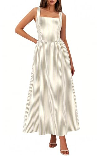 PRETTYGARDEN Women's Maxi Dress Summer Striped Sundress 2026 Spring Smocked A Line Long Flowy Beach Vacation Party Dresses (Beige Striped,Small)