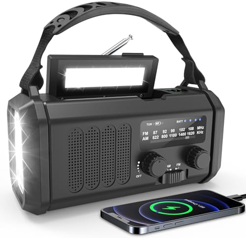Solar Radio, Tragbar Kurbelradio AM/FM Notfallradio mit 10000/20000mAh Wiederaufladbar Powerbank, 3 Modi LED Taschenlampe, SOS Alarm,USB-C Handyladung für Camping Ourdoor (Schwarz, 20000 mAh)