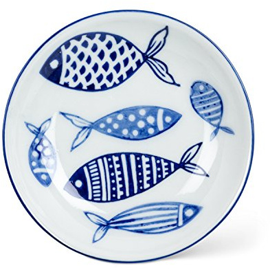 Abbott Collection Home and Kitchen Décor - Round Shallow Porcelain Serving Dish, 4 Diameter, White and Blue Fish Motif – Nautical Inspired Appetizer Plate