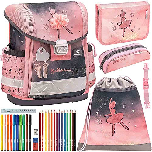 Belmil Schulranzen Set 5 - teilig ergonomischer Schulranzen Mädchen 1. klasse 2. klasse 3. klasse - Super Leicht 860-950 g/Grundschule/Ballerina/Pink, Schwarz (403-13 Ballerina Black and pink)