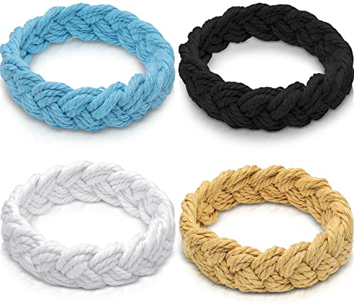 4 Pieces Sailor Knot Nautical Rope Cotton Bracelet Set - Large Braided White Black Blue Brown Fisherman Style for Men Women - Handmade Woven Friendship Nautical Jewelry