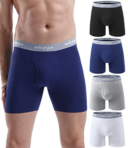 wirarpa Boxer Uomo Cotone Elasticizzato Mutande Uomo Intimo Maschile con Vola Aperta Pacco da 4 Nero Grigio Bianco Blu Scuro Dimensione S