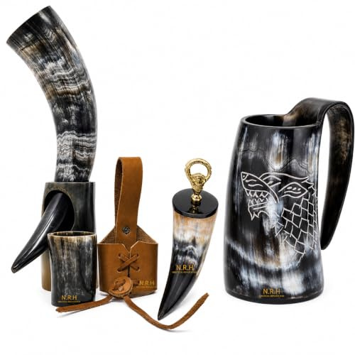 Authentic Viking Drinking Horn Mug Set - Handcrafted Ox Horn Beer Tankard with Wolf Engraving, Large Drinking Horn with Stand, Shot Glass, Leather Holster & Opener - Norse Pagan Gift Set, 6 Piece Set