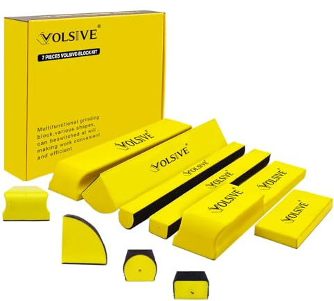 VOLSIVE 7pcs Hand Sanding Block Set, Rectangle Handheld Sanding Pad, Hook and Loop Interchangeable Assorted Shapes, for Sanding or Polishing in Auto Body and Paint Shops - Yellow