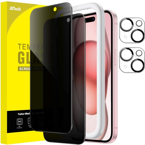 JETech Privacy Skärmskydd för iPhone 15, 2+2-Pack | med Kameralinsfolie, Anti-Spion Härdat Glas, Enkel Installationsram