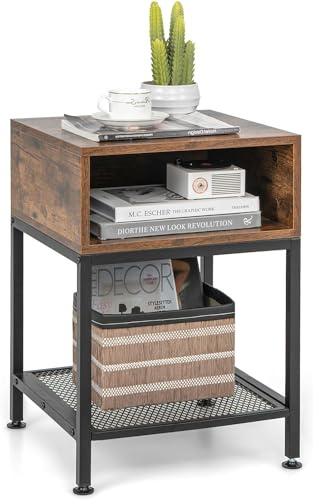 GYMAX Mesa Auxiliar de Sofá Industrial, 2 Niveles con Estante de Rejilla, Marco de Metal Resistente y Almohadillas Ajustables para los Pies, Mesita de Noche para Salón y Dormitorio, 40 x 40 x 57,5 cm