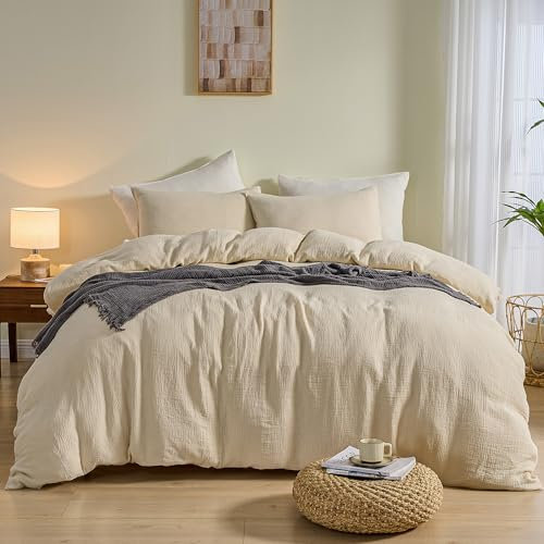 Simple&Opulence Linen Muslin Duvet Cover Set Queen Size, 3Pcs Khaki Linen Cotton 3-Layer Gauze Minimalist Comforter Cover 88”x92”, Ultra Soft Breathable Seersucker Bedding Set with 2 Pillowcases