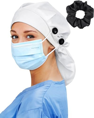 Große Satin-gefütterte OP-Haube für Damen, langes Haar, Krankenschwester-Kopfkappe, chirurgische Haube, 4 Knöpfe, Weiss/opulenter Garten, Einheitsgröße