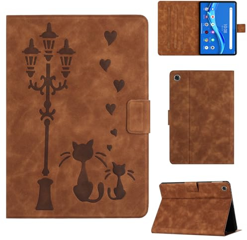 Rosbtib Hülle für Lenovo Tab M10 FHD Plus 2020/Tab K10 2021 10.3 TB-X606F/X606X/X606V/X6C6F/X6C6X Kunstleder Schutzhülle mit Ständer, EIN liebendes Katzenpaar unter der Straßenlaterne druckt, Braun
