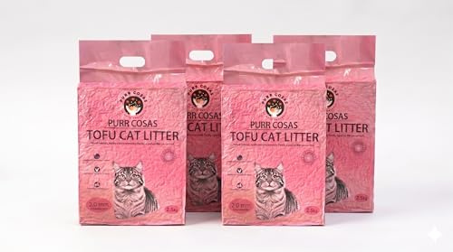 PURR COSAS : Arena de Tofu para Gatos - Pack de 4 Bolsas (Total 10 KG). Aglomerante. Libre de Polvo. Control de Olor, Biodegradable y Desechable por WC. Arena Vegetal Absorbente para Gatos. (Fresa)