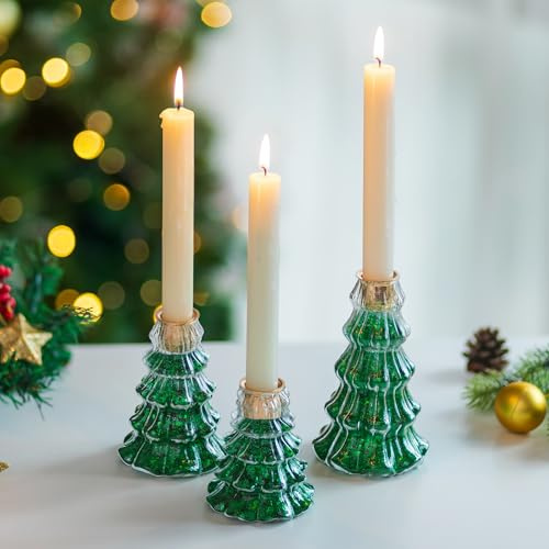 Glasseam Christmas Candle Holder 3pcs: Glass Christmas Tree Candlestick Holders Green Candle Sticks Holder with Glitter Xmas Decorations for Table Decoration DIY Gifts