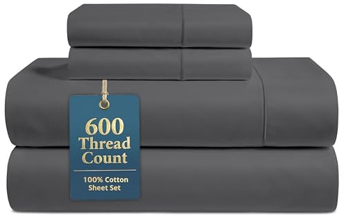 LANE LINEN 100% Cotton Sheets Full Size - Premium 600 Thread Count Sateen Weave for A Silky Feel - Extra Breathable & Cozy for Year Round Comfort - Fits Matresses Upto 15'' Deep - Charcoal