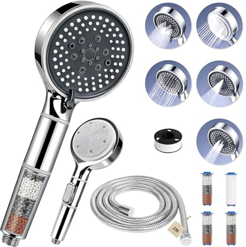 FALSKT Alcachofa de Ducha con Filtro,5 Modos,Uso Doble Cara Alcachofa Ducha con Manguera 2M Cabezal Ducha con Filtro Duchas de Baño, Alta Presión Ahorro de Agua, total 4 filtro