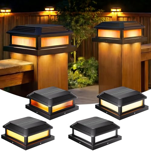 Quntis Luz Solar para Postes Exterior, 5 Modos con Efecto Llama, Farolas Solares Exterior IP44 Impermeables, Lampara Solar Exterior para Postes 9-13cm, Jardín Terraza Valla 4 Piezas