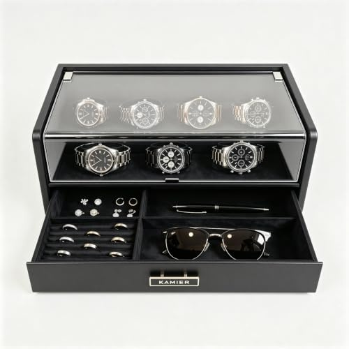 KAMIER 7 Slot Watch Box for Men, PU Leather Watch Display Case with Lid