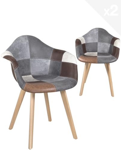 KAYELLES Lot de 2 chaises fauteuils scandinaves Patchwork Multicolore, siège à accoudoirs, rembourré Mousse, Pieds Bois de hêtre Claire NEDA (Patchwork Marron)