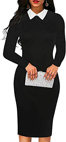 Aphratti Women's Long Sleeve Peter Pan Collar Wear to Work Business Office Wear Outfits Classy Midi Sheath Dress Black01 Small