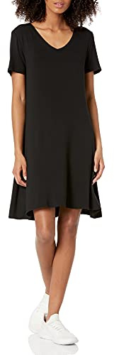 Amazon Essentials Vestido con Vuelo de Manga Corta con Cuello en Pico Mujer, Negro, M