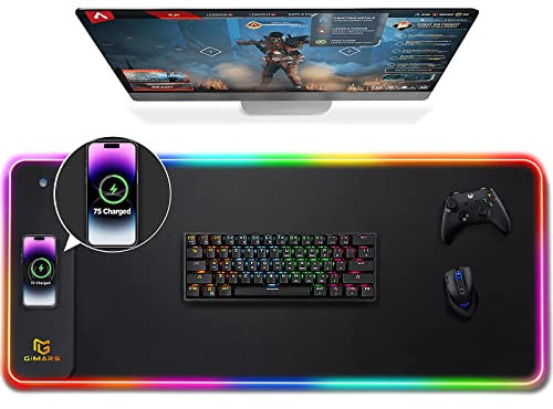 Gimars Upgrade Gaming Mauspad RGB, 15W Kabelloser Schnellladung, 800x300x5mm, Mousepad XXL mit 10 Farben LED-Licht, Groß LED Mouse Pad Gaming Zubehör mit Glatter Oberfläche, Rutschfester Gummifuß