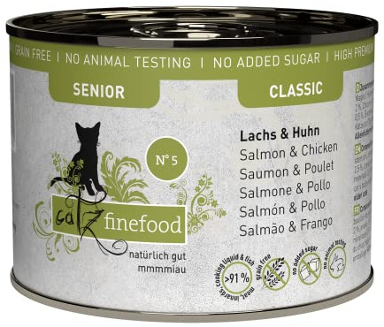 catz finefood Senior N°05 Nourriture Humide pour Chat au Saumon et au Poulet – Nourriture Humide de qualité supérieure pour Votre Chat Senior – sans céréales, sans Sucre, Haute teneur en Viande,